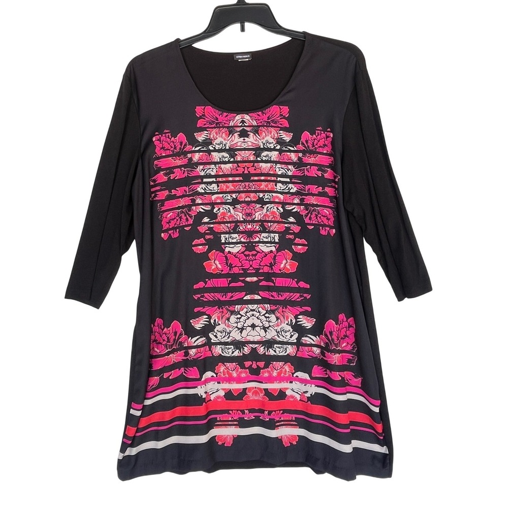 Gerry Weber Womens Black Pink Floral Striped Graphic 3/4 Sleeve Tunic Top L
